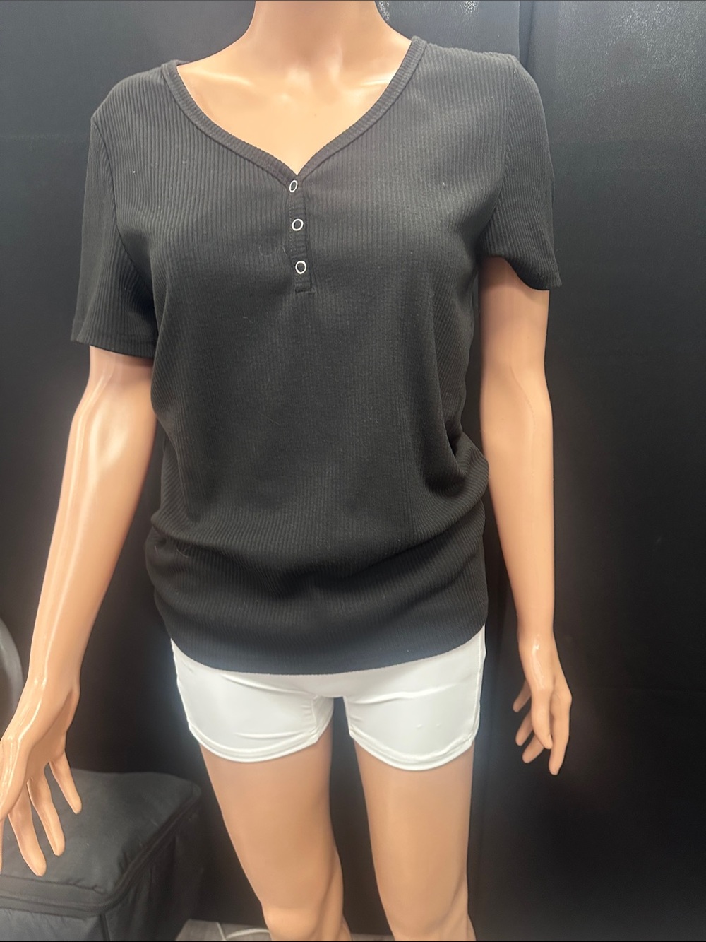 Classic Black Ribbed V-Neck Henley Tee